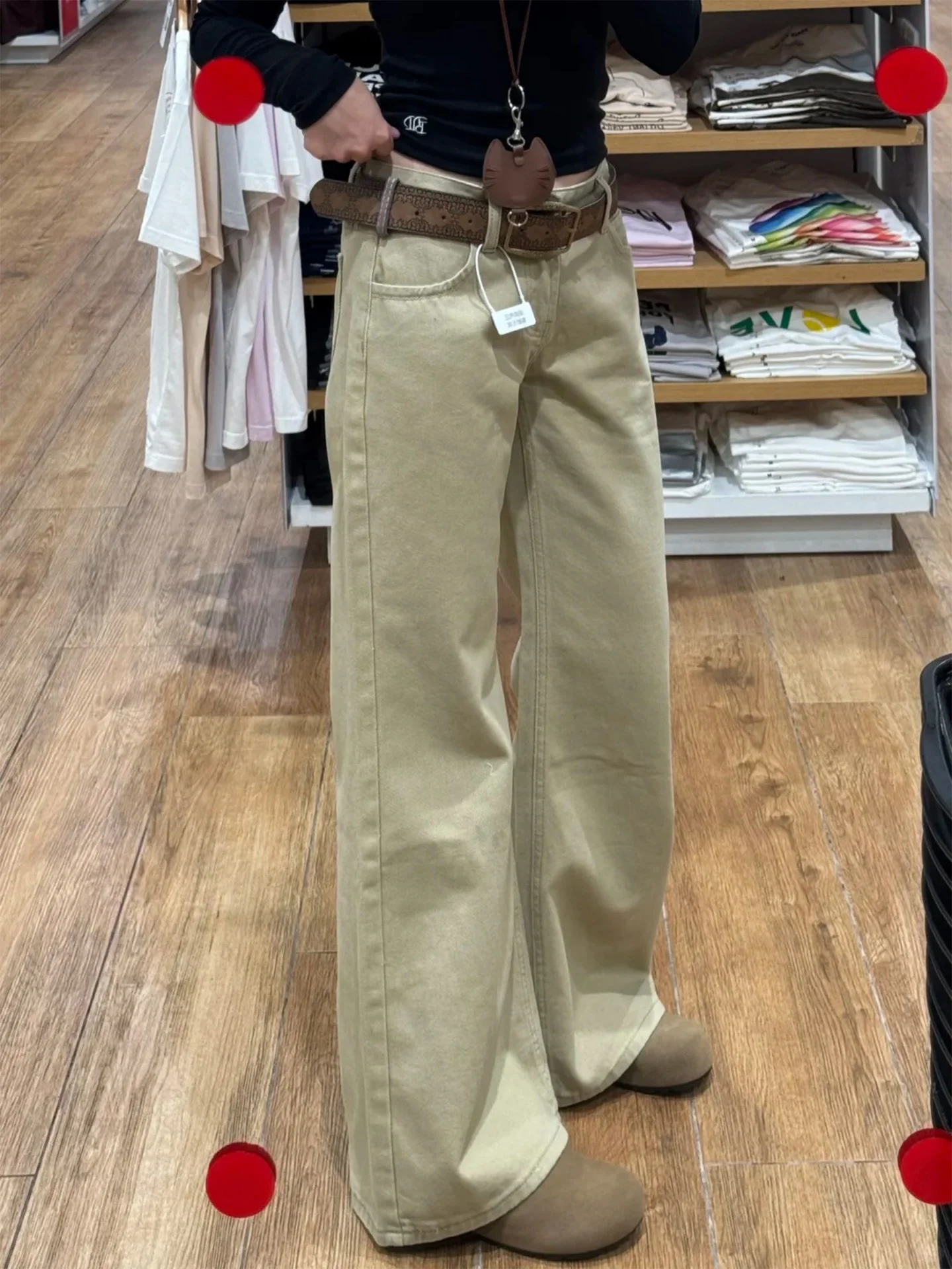 

Low Waist Fleece Lined Khaki Denim Pants Women's Loose Wide Leg Straight Cut Trousers Autumn Winter Bell Bottoms
