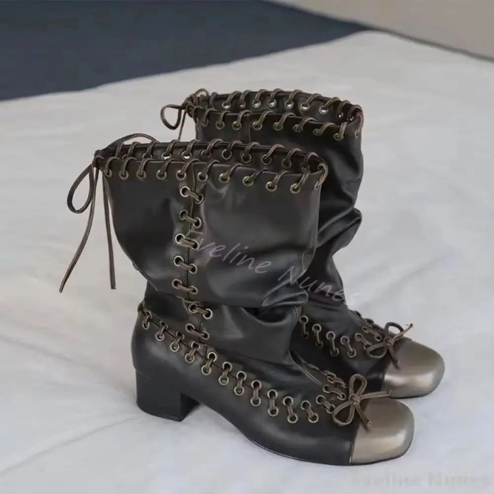 

Складные ботинки до середины икры со шнуровкой, женские металлические ботинки с круглым носком на массивном каблуке без шнуровки в стиле ретро с бантом, мотоциклетные ботинки 2025 года, новые модные рыцарские ботинки