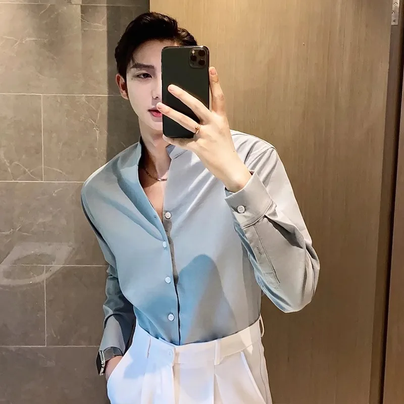 

Ele White Stand Collar Long Sve Men's irt Casual Inner Wear Polyester Fiber Stand Fit Iron Free Trendy Youth irt