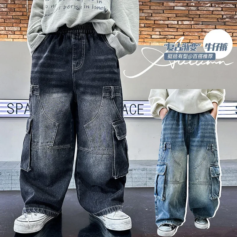 

Spring Autumn New Teenager Children Fried Street Handsome Straight Loose Wide-leg Pants Kids Cargo Denim Jeans Boys Retro Jeans