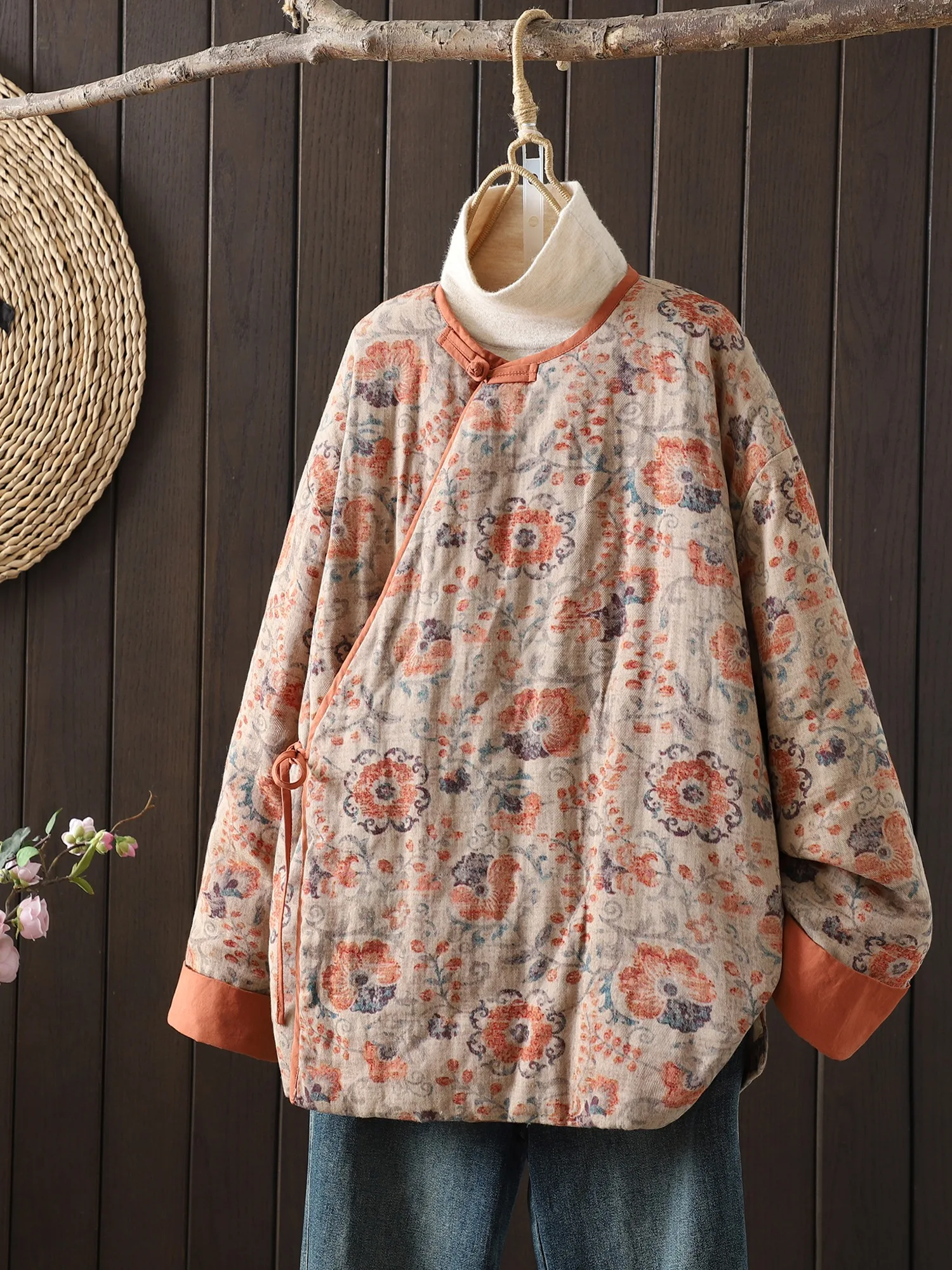 

Thickened Cotton Jacket Retro Print round Neck Belted Vintage Style Women's Winter Coat Large Size Floral Patterned Cotton Ou...