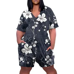 Plus Size Womens Casual Print V Neck Pockets Short Sleeve Jumpsuits Wide Shorts Rompers Youthful Woman Clothes Woman Clothing