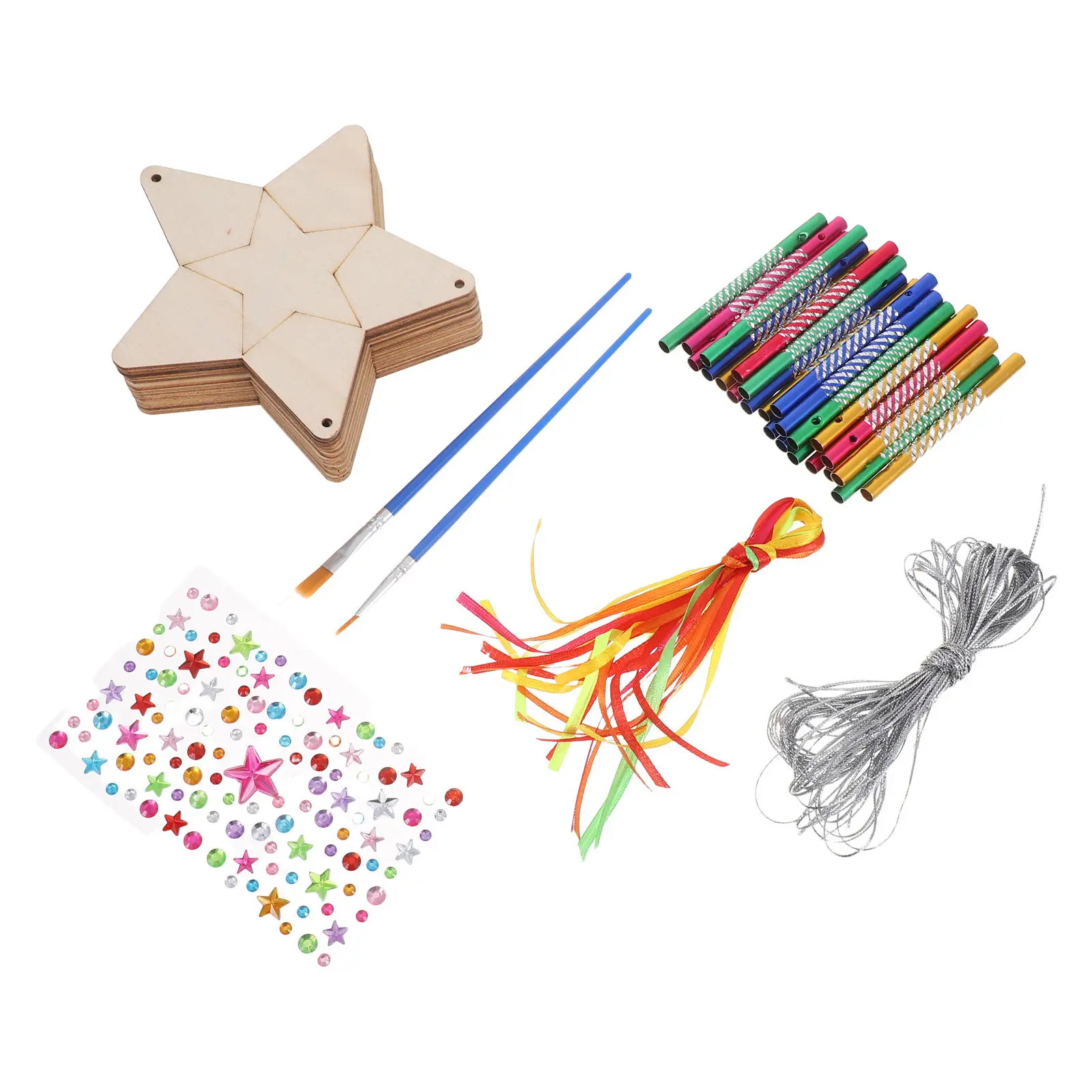 12Sets Kids DIY Wooden Star Wind Chime Craft Kit Unfinished Wood Coloring Arts Crafts Supplies for Birthday Party School