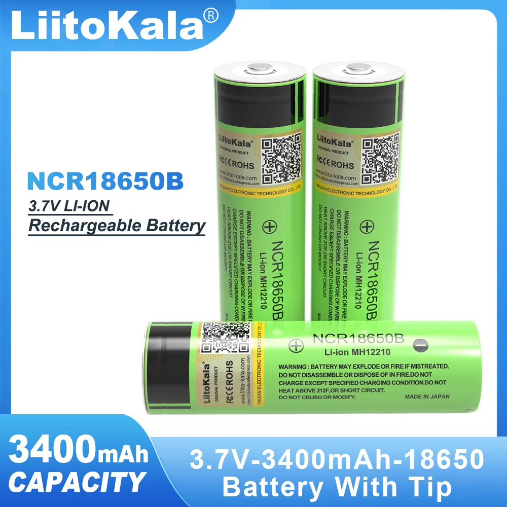 Liitokala NCR18650B With Tip 3.7V 3400mah 18650 Rechargeable Lithium Battery Suitable for Flashlight (No PCB)