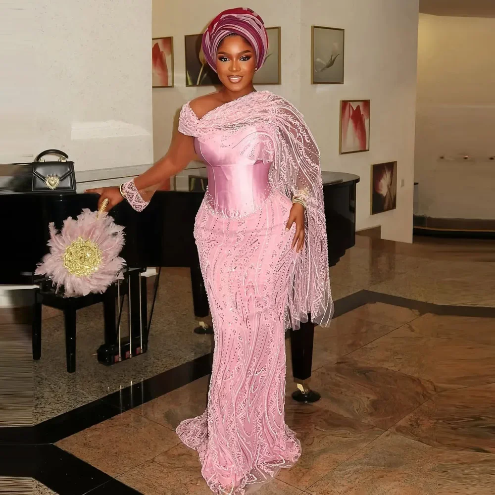 

2026 Pink Lace Mermaid Evening Dress with Illusion Long Sleeves Unique Shoulder Prom Dresses Aso Ebi