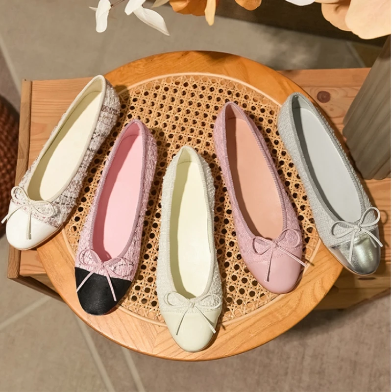 2024 trendy summer flat leather sheepskin shoeing women\'s round head light mouth color one foot on leisure bow ballet shoeing