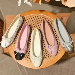 2024 trendy summer flat leather sheepskin shoeing women's round head light mouth color one foot on leisure bow ballet shoeing