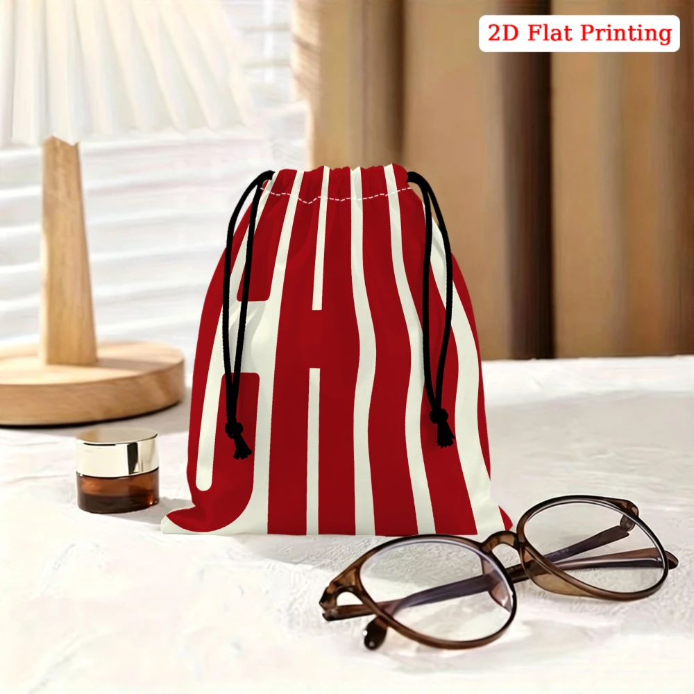 1pc Fashion Drawstring Bag Red And White Vertical Stripes Storage Small Pouch For Glasses Cosmetics Travel Organizer Portable