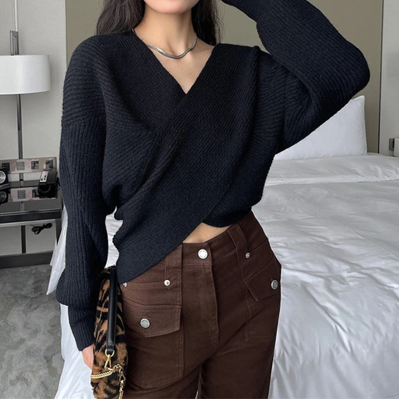 Women Winter Cross V-Neck Sweater Casual New Loose Long Sleeved Knit Pullovers Elegant Sweater TRAF Fall Warm Solid Sweater Tops