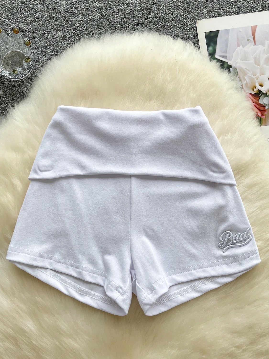 Foamlina Folded High Waist Shorts Women Fashion Solid Letters Embroidery Slim Stretch Tight Shorts Comfortable Workout Shorts