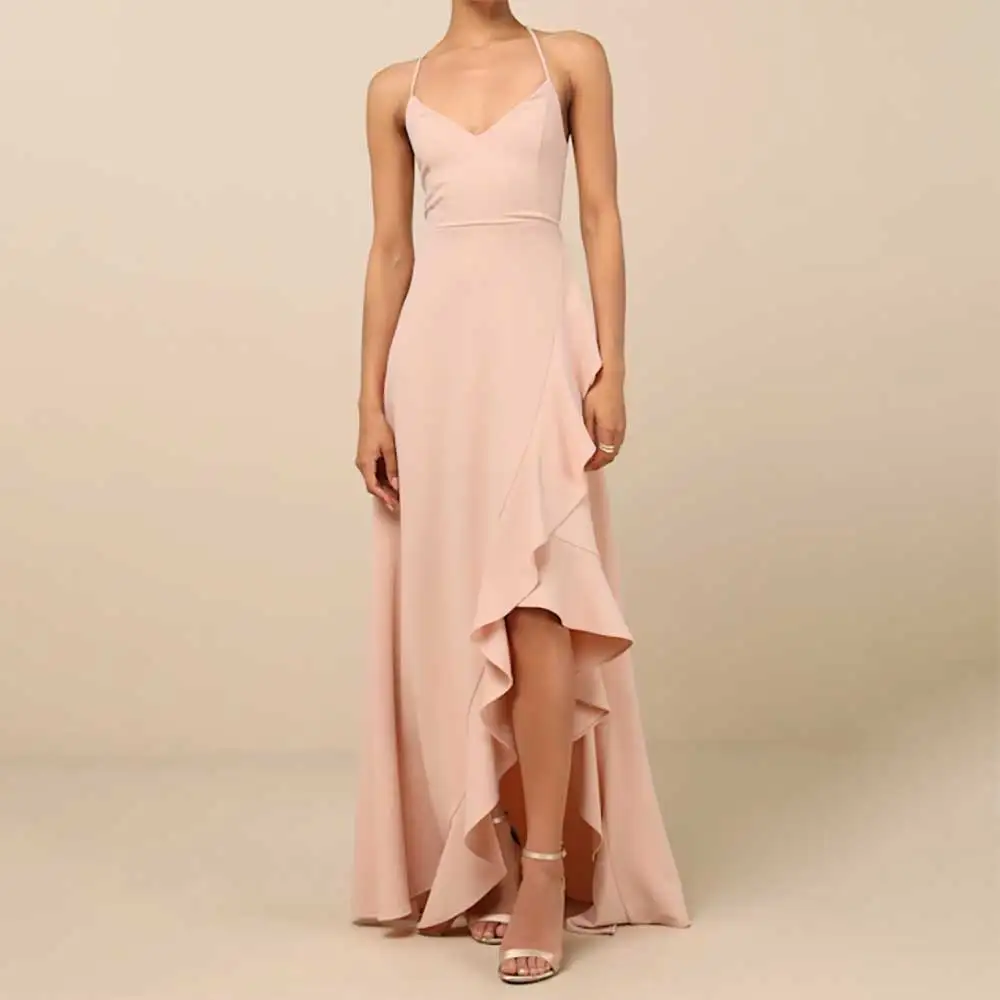 

Sexy Halter Backless Evening Dress for Women V Neck Cocktail Party Dresses Ruffle Side Slit Prom Dress Wedding Guest Dresses