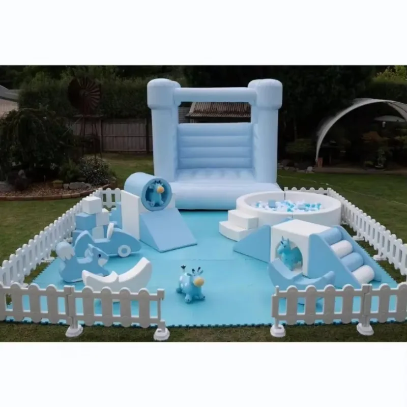 

Light Blue and White Soft Play Set Soft Blocks Round Ball Pit Fence Soft Play Equipment Commercial for Kids