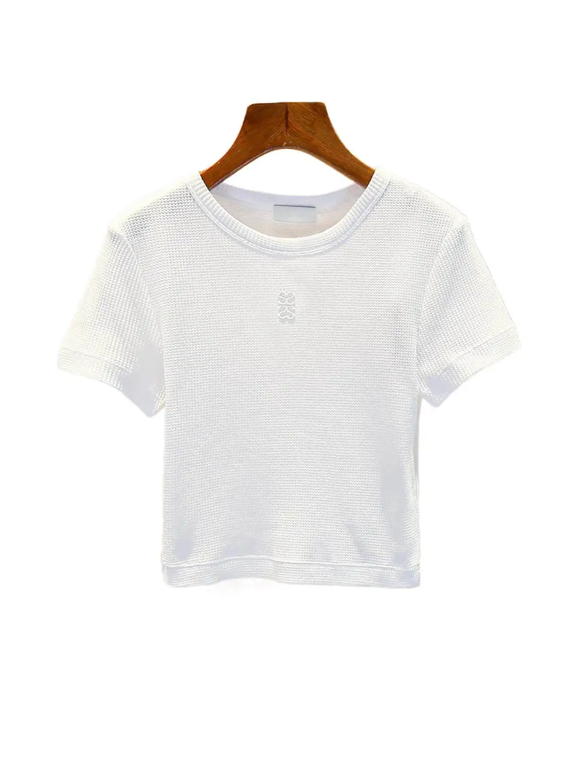 Premium Summer Women's Knitted T-irt White Embroidered Versatile Heavyweight Faionable round Ne ort Sve Top