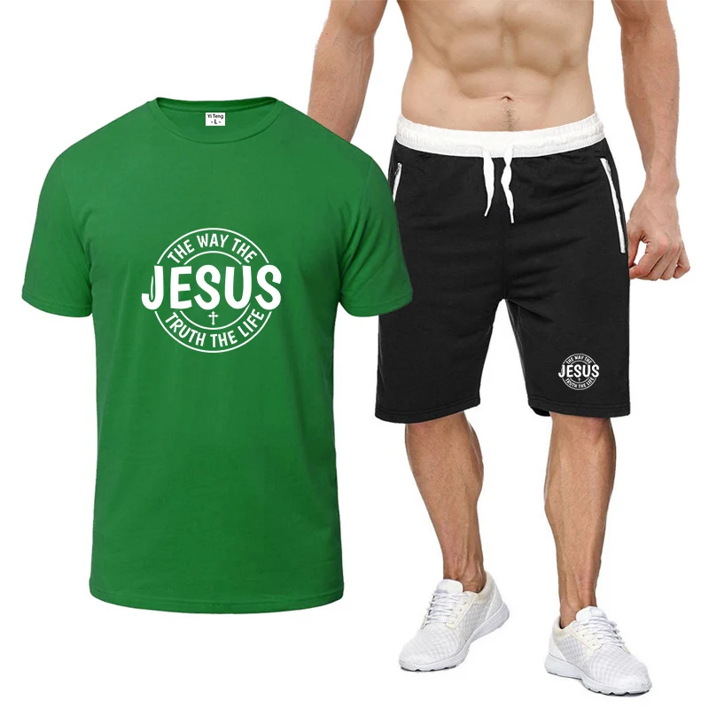 Jesus Way Truth Life Letter Print 2026 Men's Summer Slim Running Short Sleeved Shorts Quick Drying Sports Two-Piece Suit