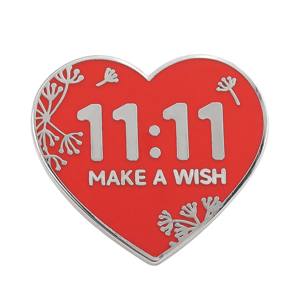 Lucky 11:11 Make a Wish Red Heart Enamel Pin Minimalist Floral Badge Positive Energy Brooch Clothing Accessory Friend Gift