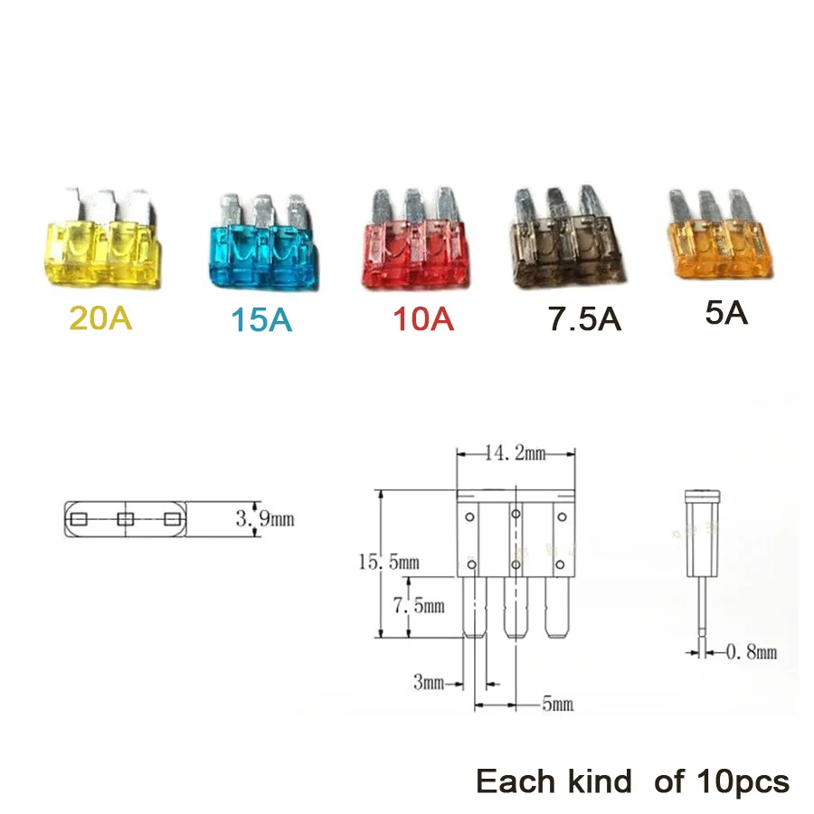 50Pcs/Set Fuse 3 Pins Automotive Car Fuse for Ford Focus Mondeo Dodge 5A 7.5A 10A 15A 20A