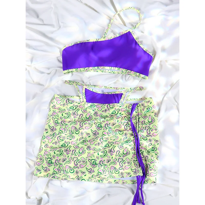Rinabe ملابس السباحة مع تنورة الأرجواني واحد الكتف بيكيني طباعة ملابس السباحة بيكيني صغير المرأة ثلاث قطع ملابس السباحة