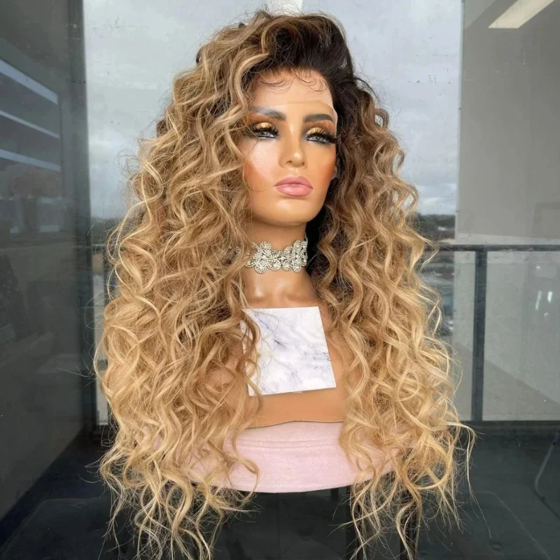 24 Inches Ombre Golden Blonde Curly Synthetic Lace Front Wig Realistic Hairline Wig For Women Free Part Dark Root Natural Wig