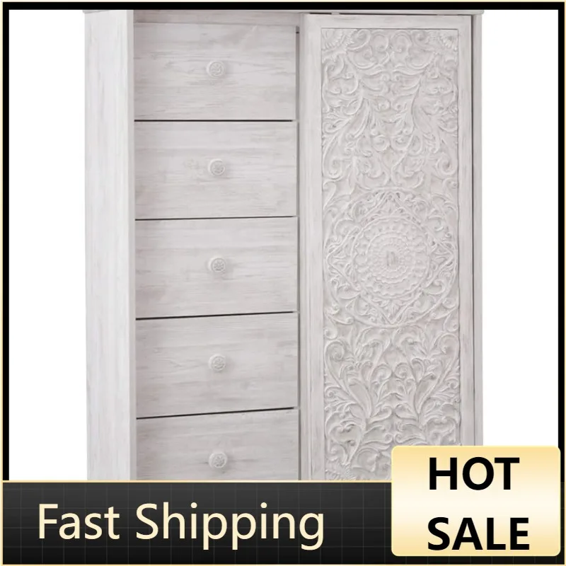 Signature Design by Ashley Paxberry Boho 5 Drawer Dressing Chest with Slider Door & 3 Adjustable Shelves, Whitewash