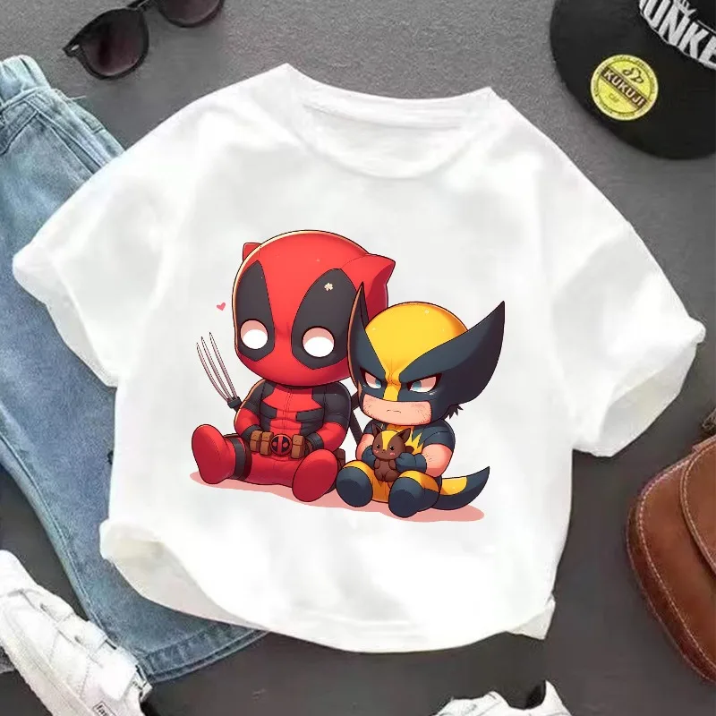 Deadpool & Wolverine White T-shirt Round Neck Loose Summer Clothing Comfortable Breathable Character Children Birthday Hot Gift