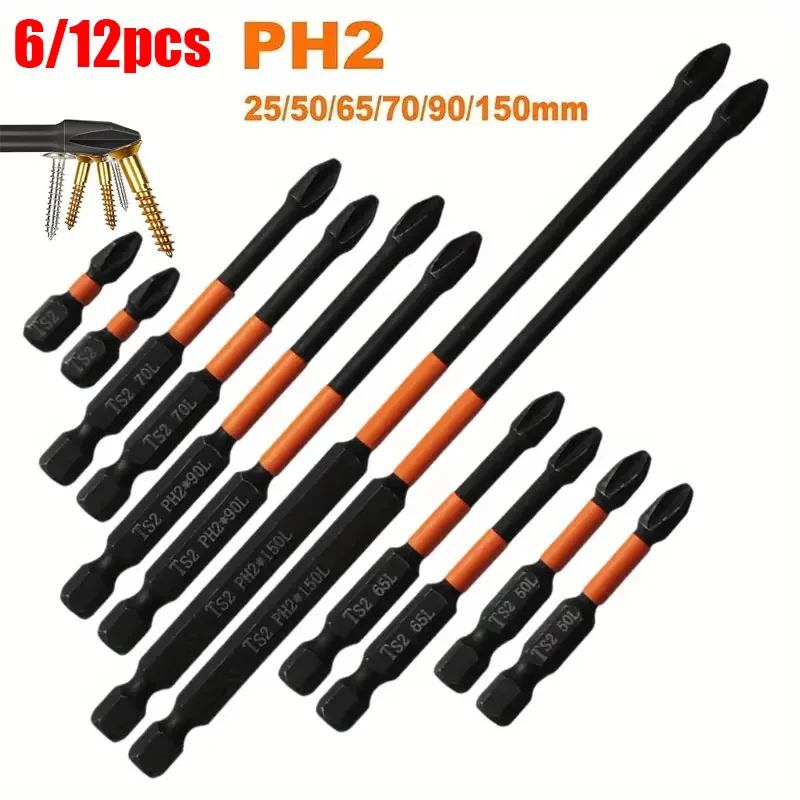 6/12pcs Magnetic Cross PH2 Screwdriver Bit Set Impact Batch Head High Hardness Anti Non-slip Screw Driver Drill Bit Tools