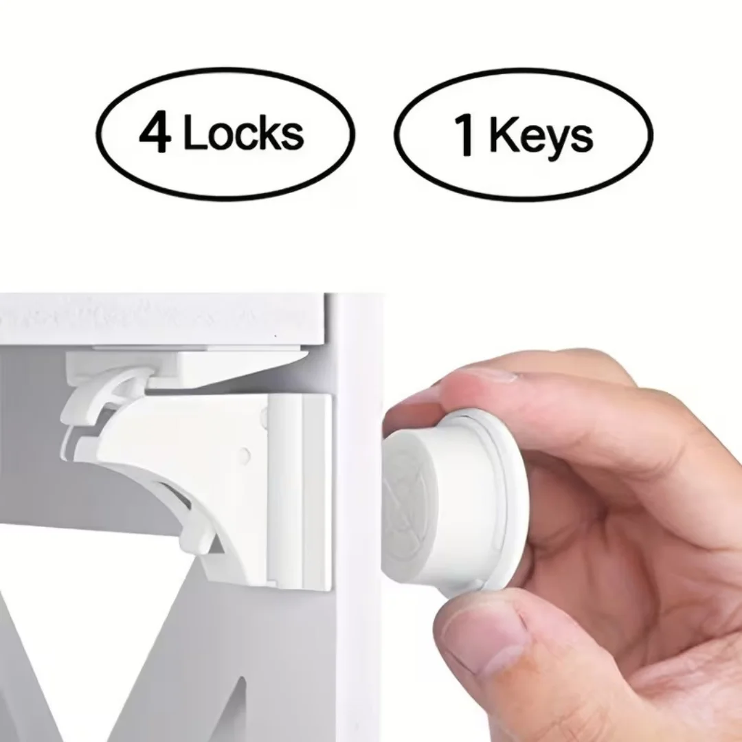 4 locks + 1 key - Child safety magnetic lock for baby cabinet door and drawer, with hidden and multi-functional functions