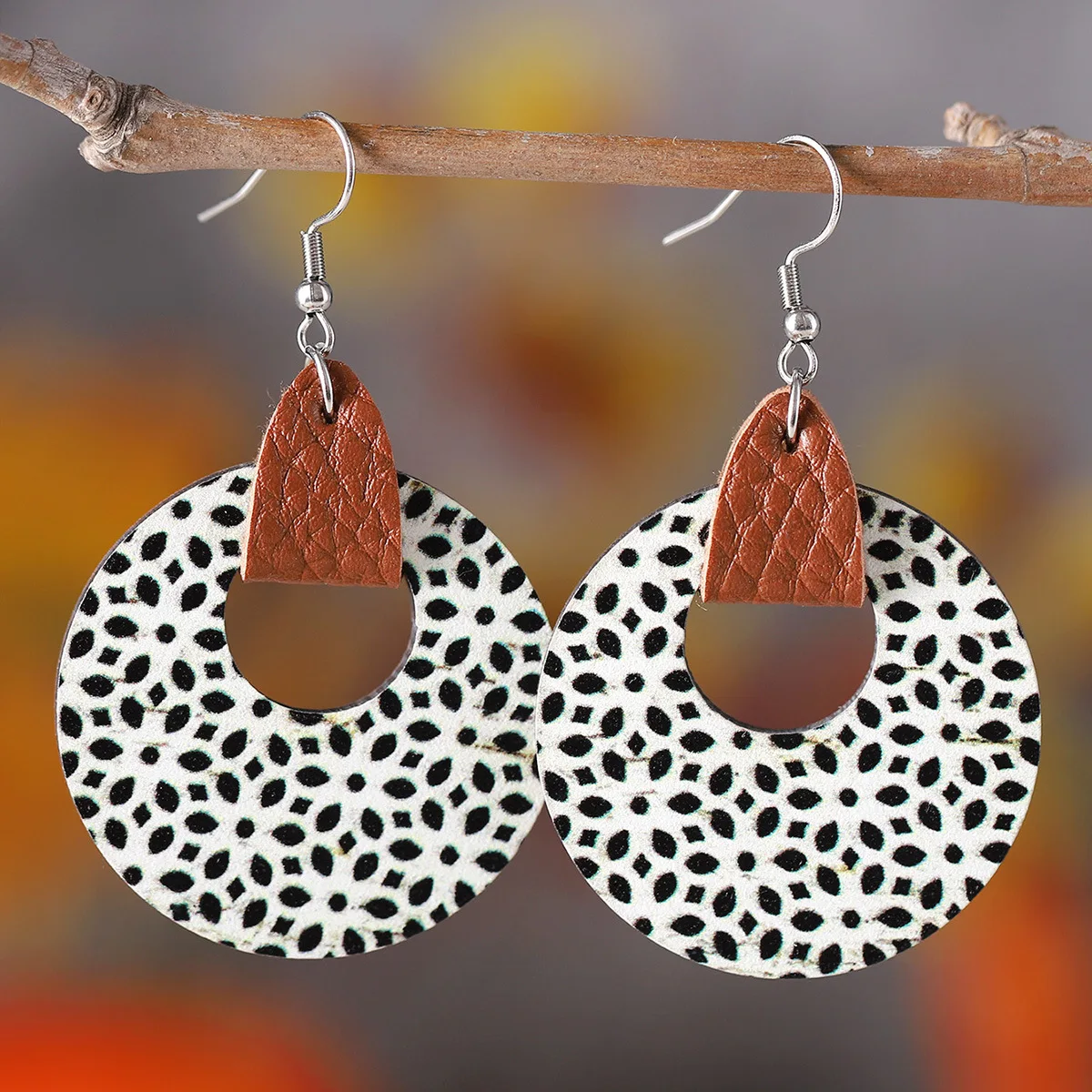 New Bohemian Earrings Plant Flower Painted Pattern Hollow Out Earrings Double sided Wooden Leather Splicing Decoration Gift