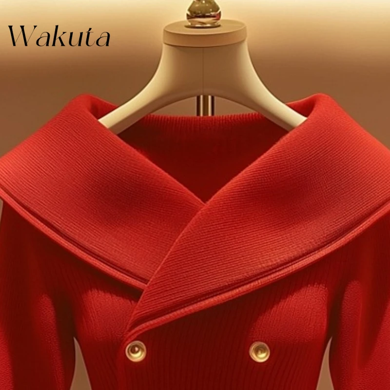 WAKUTA Fall Elegant Lapel Long Sleeve Inner Knit Sweaters Design Sense Niche Premium Sense Little Chant Pullovers Кофта Женская