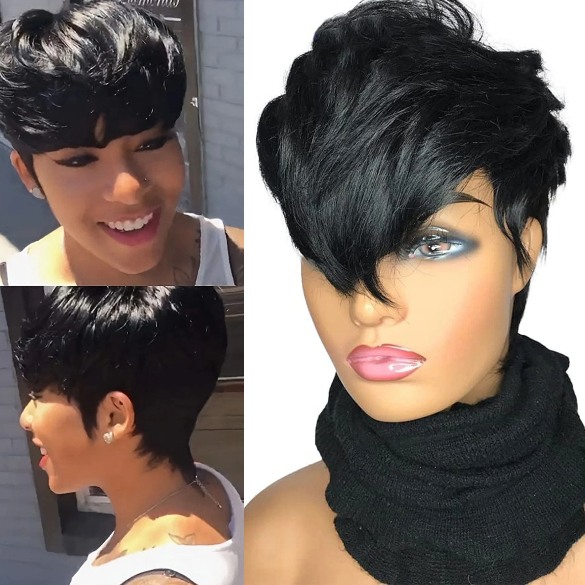 6 Inch Short Pixie Cut  Human Hair Wig For Black Women\'s Machine Made Bob Natural Black Hair Wig with Bangs