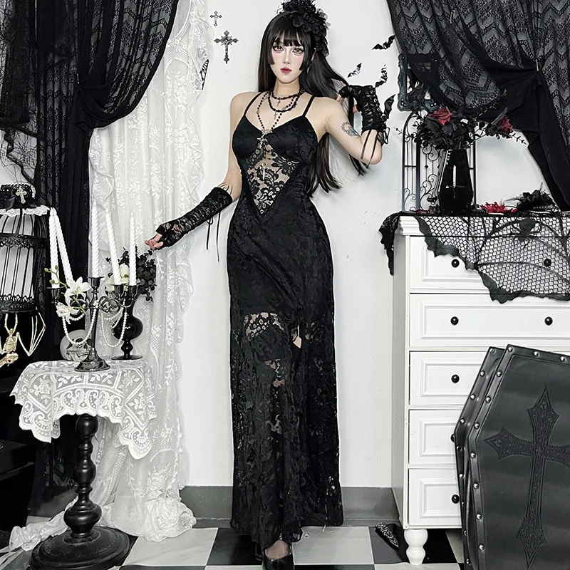 Gothic Sexy Dark Floral Lace Sheer High-Slit Slip Dresses Women Vintage Y2K Backless Lace-up Slim Women Long Dress Partywear