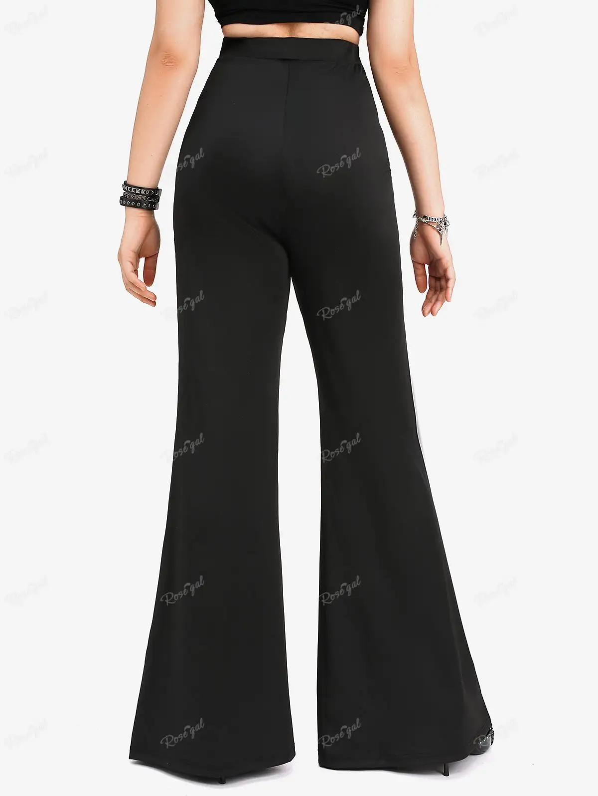 ROSEGA-Calça Flare Feminina de Cintura Alta, Painel de Malha Preta, Fivela Corrente em Camadas, Fundo Sino, Calças Góticas, Nova Moda, Tamanhos