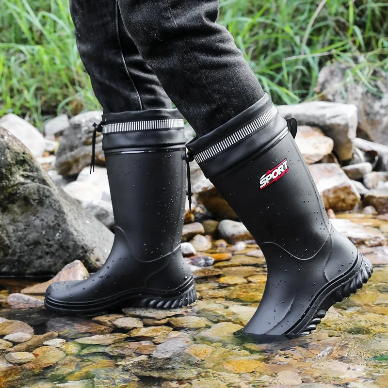 

Fashionable High-tube Rain Boots Men's Versatile Wool Warm Rubber Shoes Rain Boots Adult Outdoor Fishing Comfortable Water Shoes
