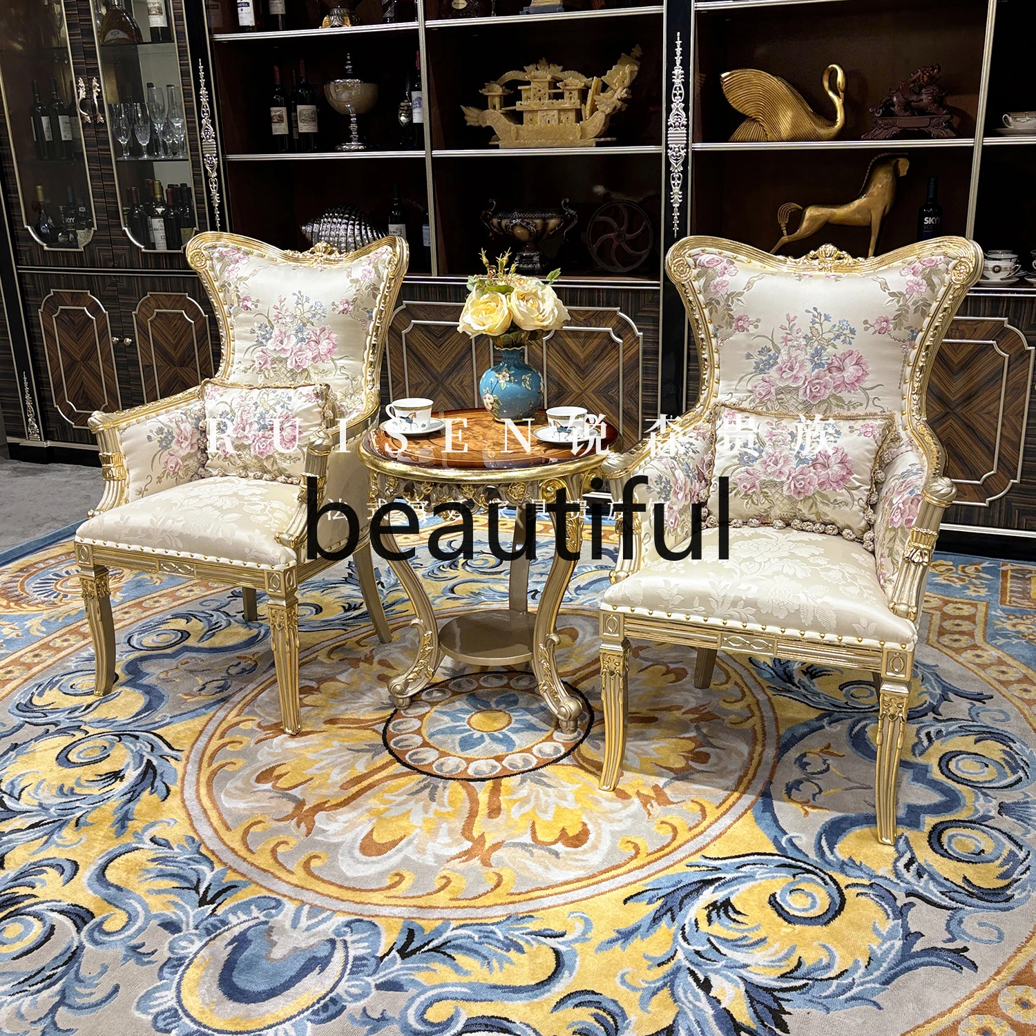 

French solid wood leisure chair palace luxury fabric sofa chair carved recliner