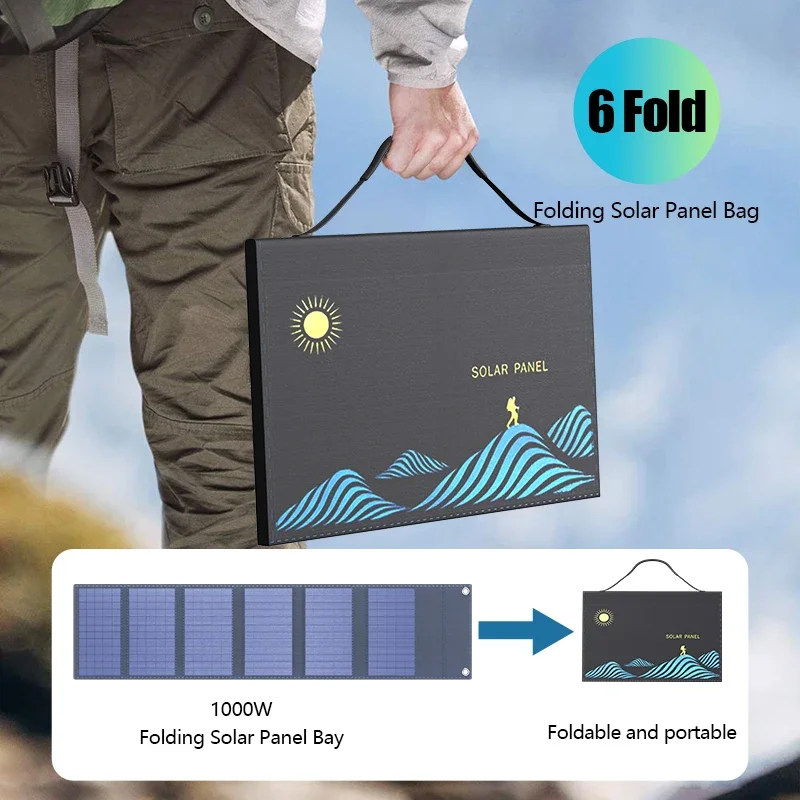 

1000W Solar Panel Portable Folding Bag USB+DC Output Solar Charger Outdoor Power Supply for Home Mobile Phone Power Generator