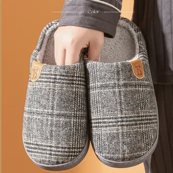 Plaid Haus Slipper Männliche Männer Plus Große Größe Thermische Winter Warme Fuzzy Pelz Baumwolle Plüsch Nicht Slip Indoor Faul Hause Schuh Flache