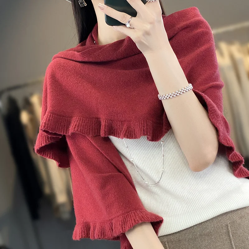 Women\'s Warm Autumn And Winter 100% Pure Wool Cape Solid Color Sleeveless Beautiful Slave Wool Ahawl Acarf