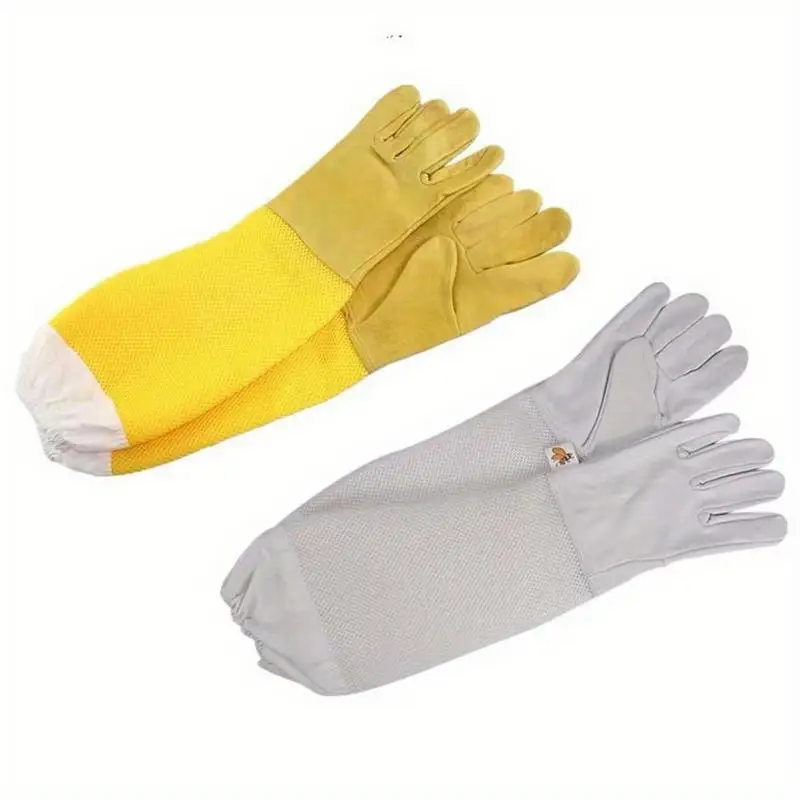1 Pair Beekeeping Gloves Sting Sheepskin Long Protective Sleeves Mesh Breathable Anti Bee