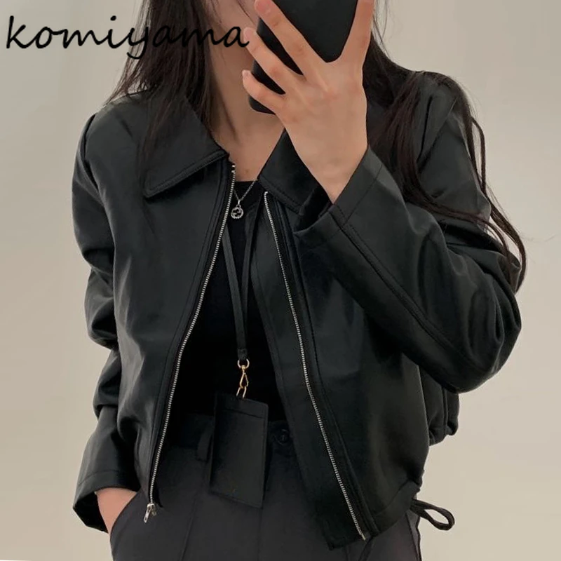 Pu Leather Women 2025 Outerwears Laple Neck Zipper Abrigos Invierno Long Sleeve Jacket Loose Chaquetas Mujer Motorcycle Jackets