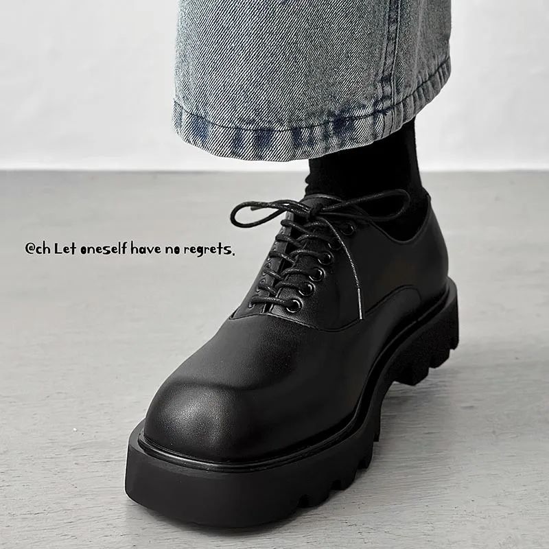 Square Headed Leather Shoes for Men with High-end Feel,thick Soled Korean Version,niche Design,men Height Increasing Derby Shoes