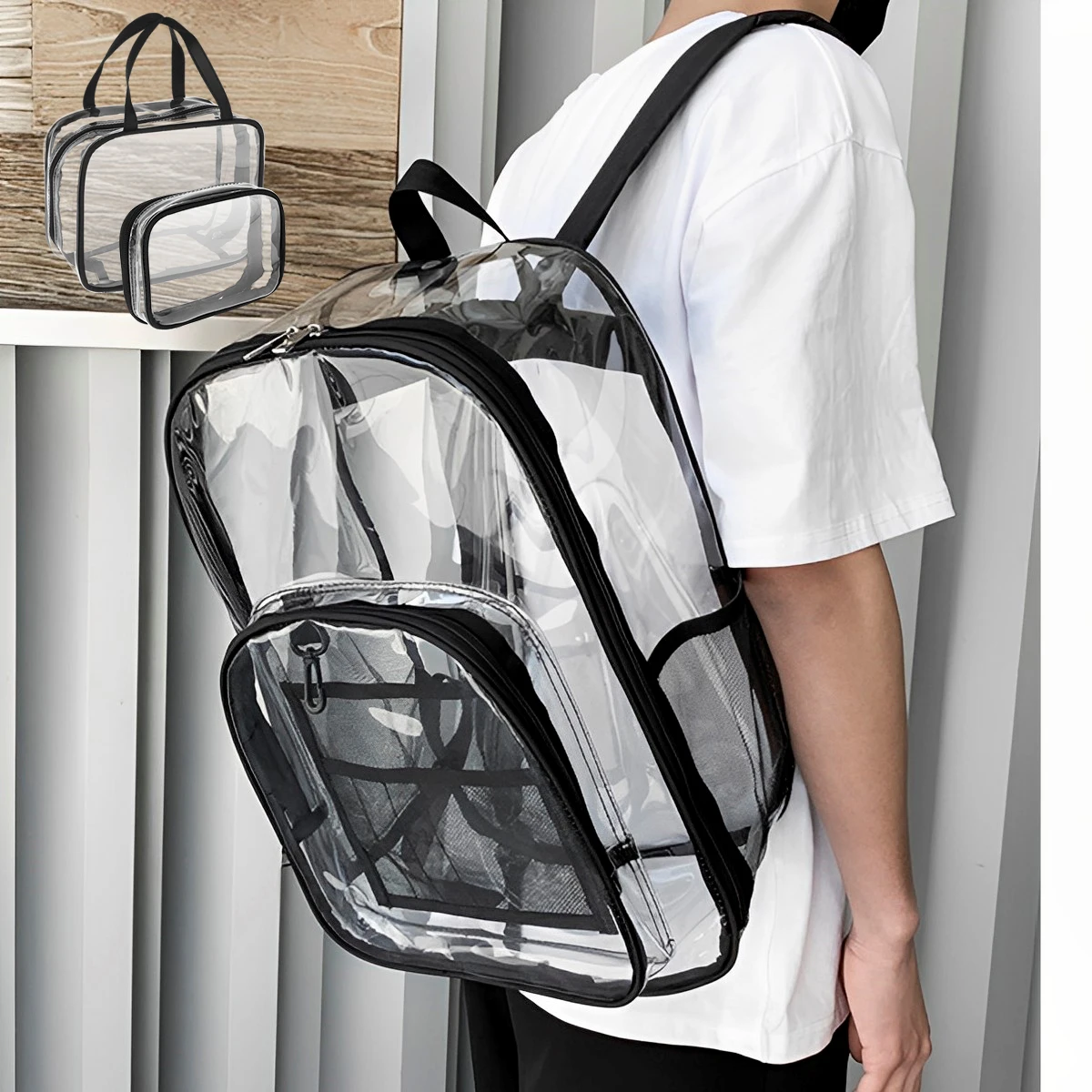 3 Pcs Clear Backpack Set with Compartment Heavy Duty Stadium See Through Bookbags Waterproof PVC Transparent School Bag Large