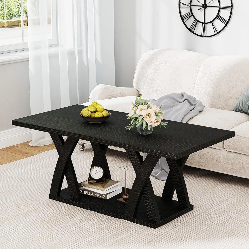 

Coffee Table, Rectangle Wood Coffee Table with Storage Shelf, Floor Table for Living Room, Modern Mesa de Centro para Sala, Spac