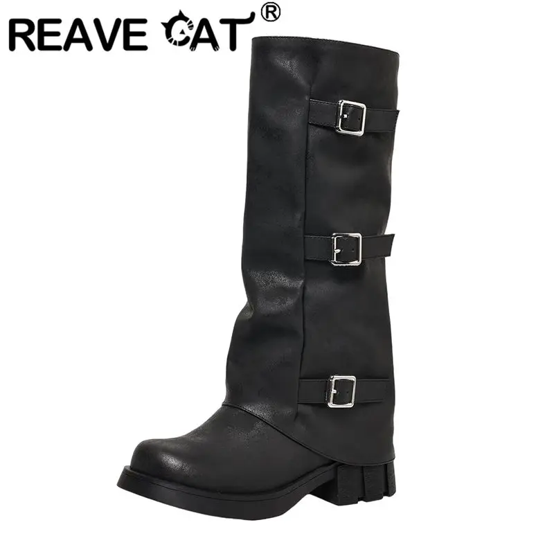 REAVE CAT Khaki Women Knee High Boots Round Toe 4.5cm Block Heels Slip On Belt Buckles Large Size 41 42 43 Riding Tall Tube Bota