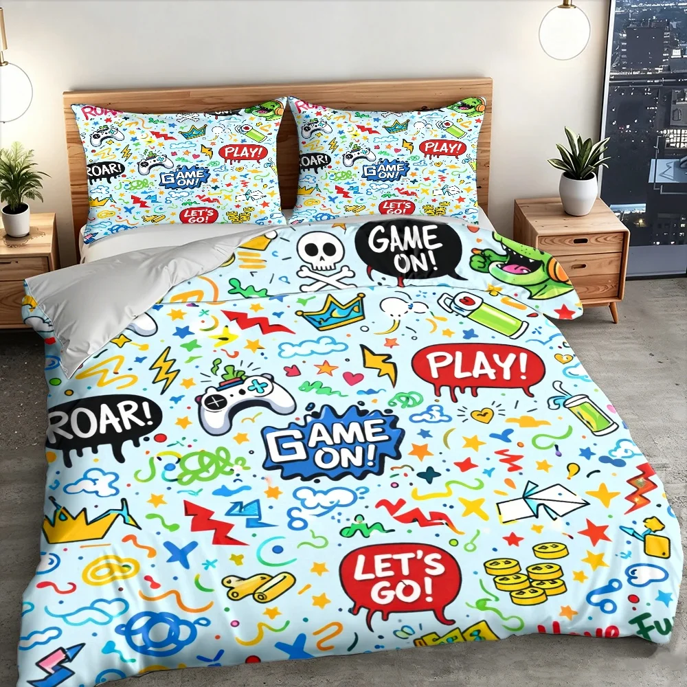 3Pc Cartoon Game Theme Duvet Cover Set, Three-Piece Bedding Set (1 Duvet Cover + 2 Pillowcases), Suitable for All Seasons, Machine Washable, Hidden Zipper Design, Large Double Bed Cover Set, Suitable for Home, Dorm, Master Bedroom, Guest Room, Fun Graffiti Design