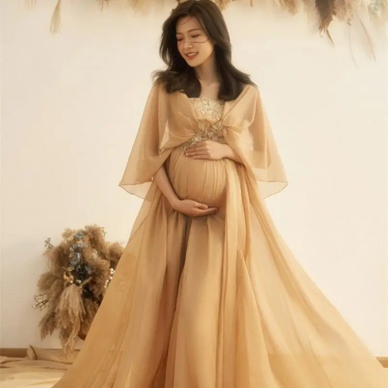 French Vintage Pregnant Women's Photography Dresses Solid Sexy Oil Painting Style Maternity Photo Shoot Clothing Pregnancy Dress