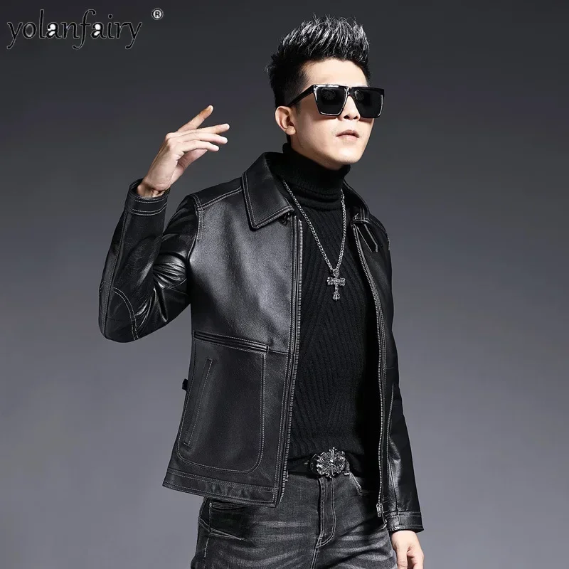 

2023 New Leather Clothing Male Natural Cow Leather Jacket Men Short Motorcycle Jackets for Men Outwears with Big Pockets Abrigos