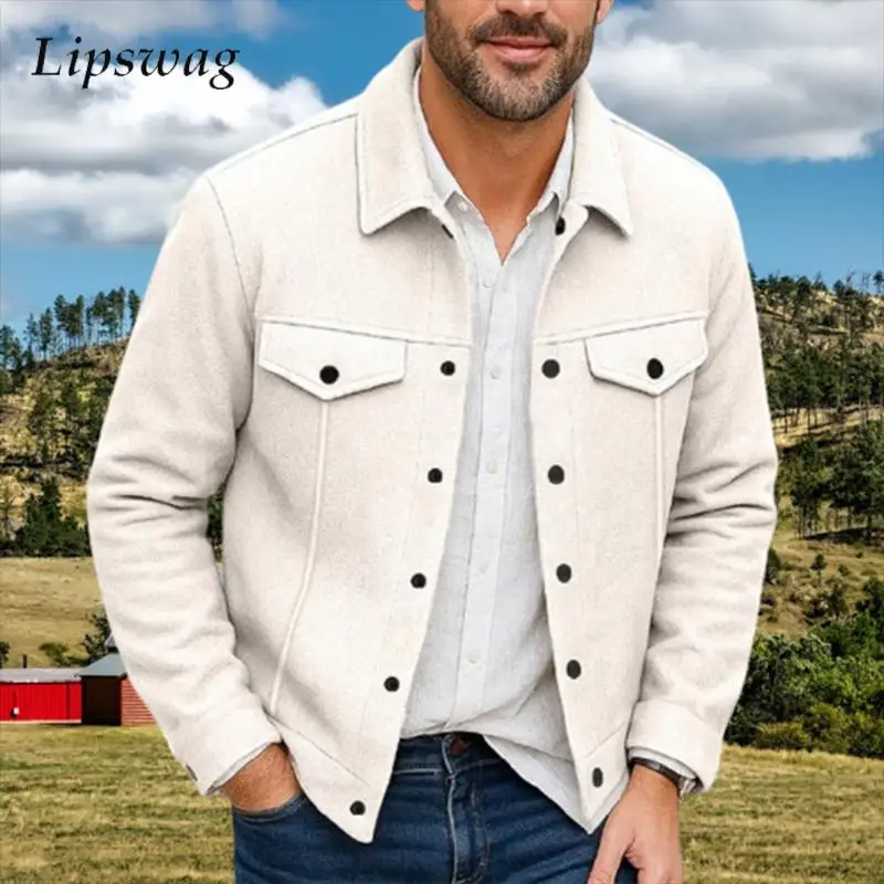 

Daily Casual Mens Woolen Jacket Coat Vintage Turn-down Collar Button Pockets Cargo Jackets Men Autumn Fashionable Cardigan Tops