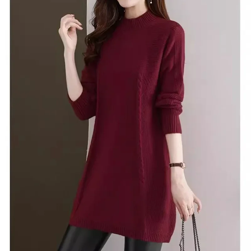 Suéter para mujer, Jersey de punto, Top liso holgado, combina con todo, suéter de punto coreano de medio cuello alto, camisa de fondo, Jersey para mujer