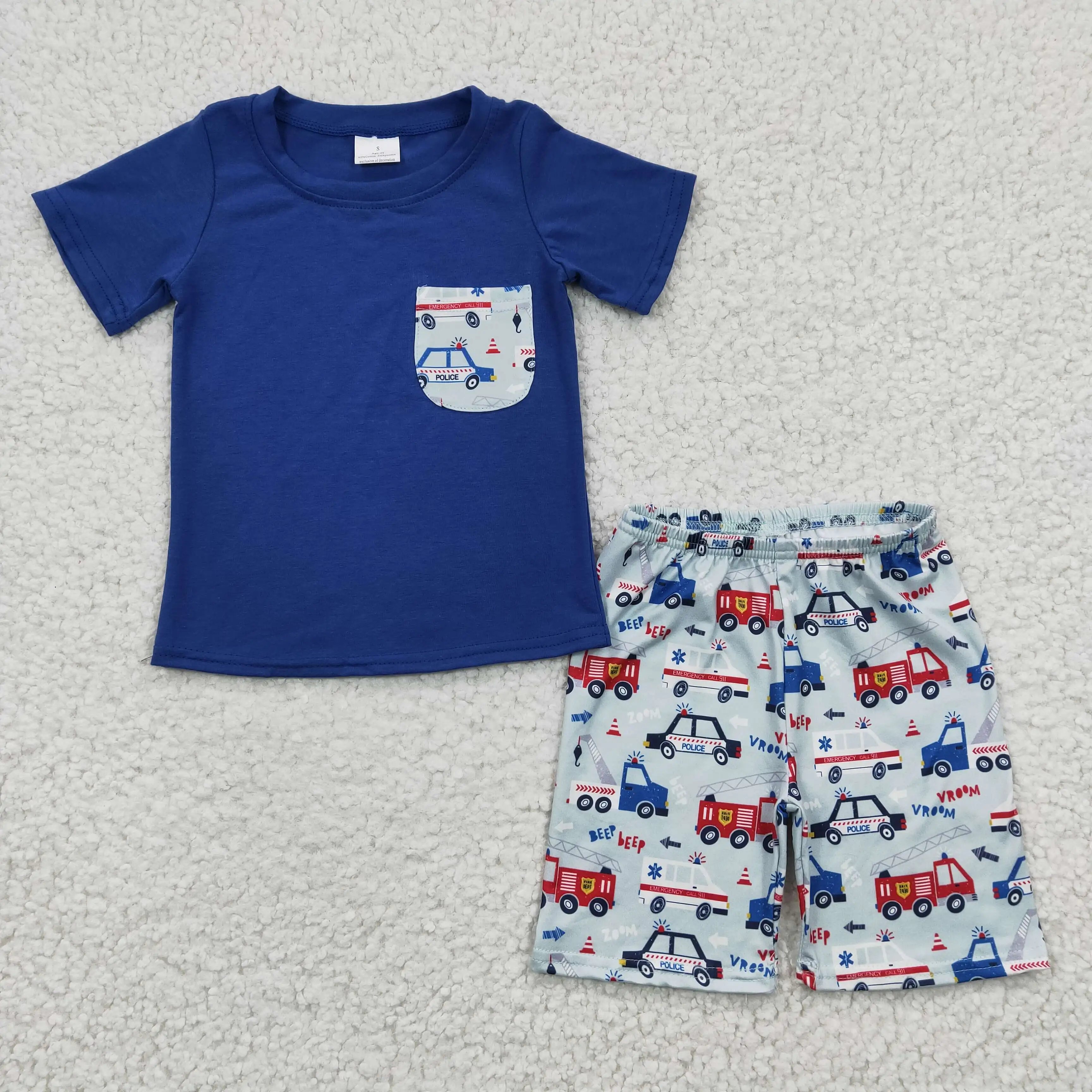 BSSO0121 Boys Print Fire Truck Pocket Blue Short Sleeve Gridding Pant Outfit Boutique