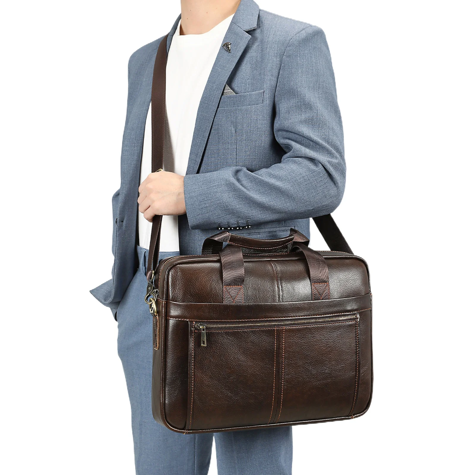 Borsa a tracolla per laptop da 15 pollici in vera pelle per uomo, valigetta a tracolla da viaggio d'affari di grande capacità