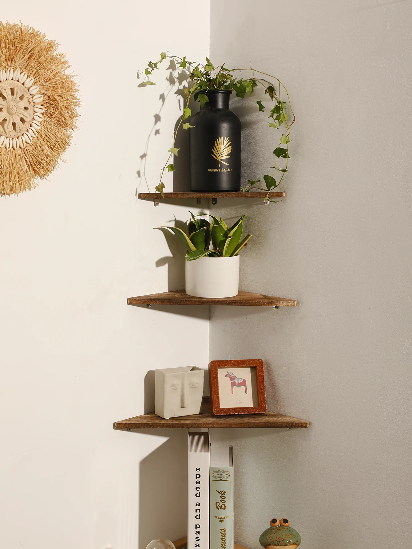 Charcoal Burnt Wooden Corner Shelf Wood Floating Shelf Dsiplay Stand Home Appliance Book Flower Pot Holder Living Room Art Gift